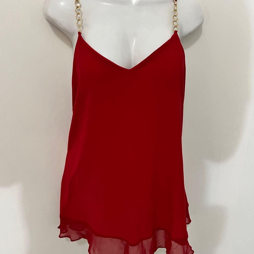 Vibrant Red Asymmetrical Camisole with Gold Accents
